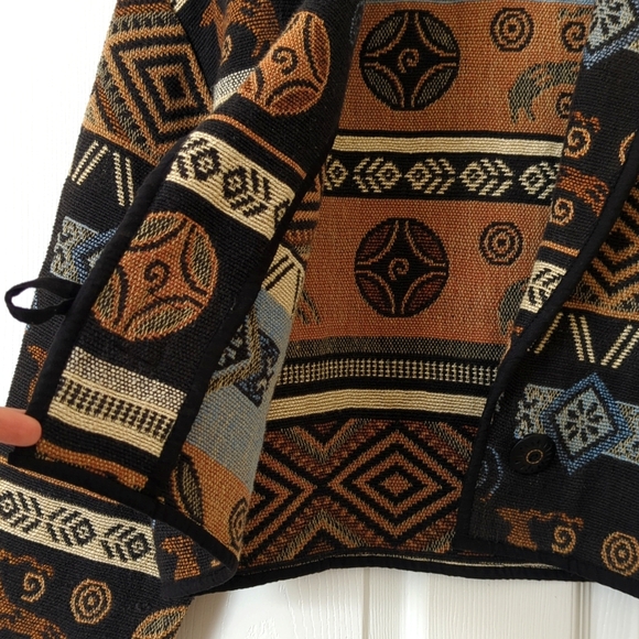 Flashback 90's Vintage Aztec Antelope Woven Tapestry Cropped Jacket Black M - Picture 8 of 12